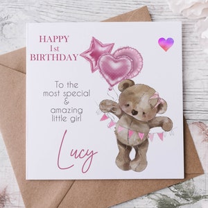 Tarjeta de felicitación de niña, primer cumpleaños de la niña, 1er cumpleaños, cumpleaños de niño pequeño, nuevo regalo de bebé, tarjeta para nieta, sobrina