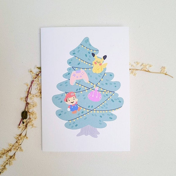 Gaming Christmas Card - Greeting Card - Gamer Greeting Card - Linen Textured Card - Cute Character