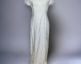 VINTAGE 90s Gunne Sax off white lace trim jacquard fabric full length dress SZ M