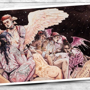 Ilustración "Queer as Hell" - Orgullo LGBT - Amor lésbico bisexual mitológico - Acuarela con núcleo mágico transfeminista