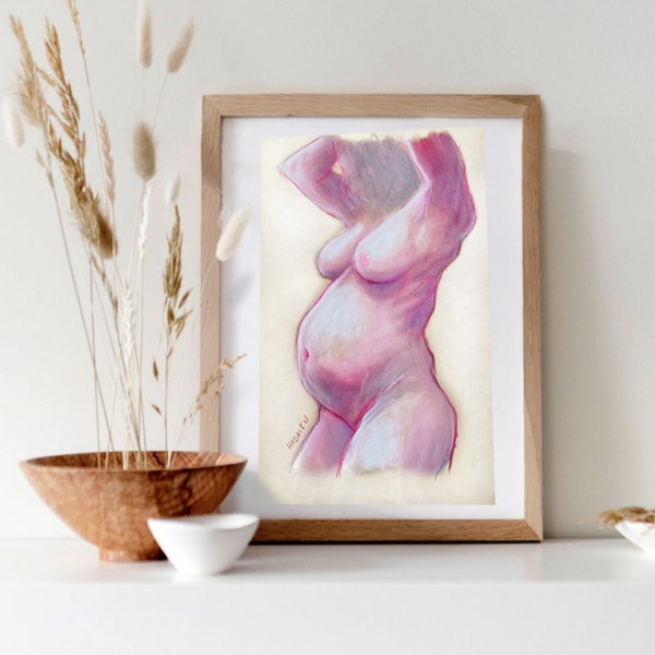 Art Print " La Matrice" - Portrait de Femme Enceinte nue à la Pastelle Sèche et aux Crayons - Affiche féministe body positive - Maternité