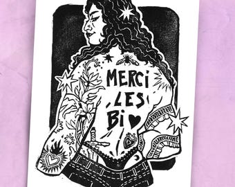 Lino-gravure "Merci les Bi" - bisexual pansexual pride -  dessin militant / queer linocut