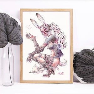 Op de afbeelding: Een aquarel illustratie van een vrouw met konijnenoren, die een roze en witte outfit draagt en een gloeiend voorwerp vasthoudt. De illustratie is ingelijst in een houten lijst en heeft de tekst "FFXII" en "Hadrien" onderaan.