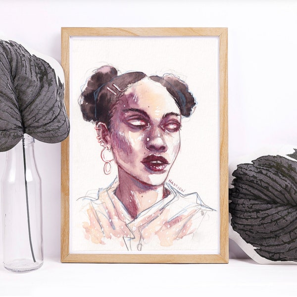 Portrait à l'aquarelle d'une Femme Noire - Reproduction Artprint -  Illustration à l'aquarelle / Wall art - Strong woman portrait poster