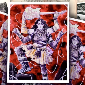 Puede incluir: Una pintura de acuarela de una mujer con cuatro brazos tocando una guitarra. Lleva un atuendo blanco y negro con una falda amarilla y un cinturón con una calavera. El fondo es rojo con líneas blancas como cuerdas. La guitarra tiene las palabras "No Abusers On Stage!" escritas en ella.
