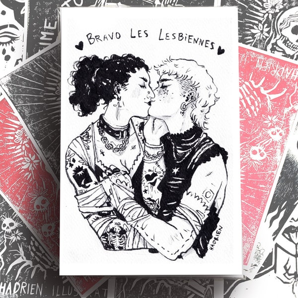 Illustration "Bravo lesbians" - Lesbian pride drawing - Pride artwork - Sapphic love portrait / queer couple