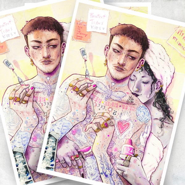"Self Made Man" illustration - Queer love watercolor - feminist illustration - Trans pride / Transmasc Pride - testosterone injection