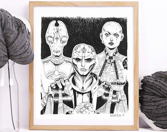 Fanart de Mass Effect - Reproduction A3 A4 A5 - Inktober - Illustration à l'Encre et Stylo Bic - Science-fiction Artprint - Aliens portrait