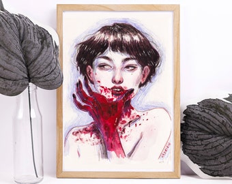 Illustration Vampire "La cup est Pleine" - Artprint / Reproduction - Portrait à l'aquarelle d'une vampire / d'un flux mentruel abondant