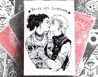 Illustration "Bravo lesbians" - Lesbian pride drawing - Pride artwork - Sapphic love portrait / queer couple
