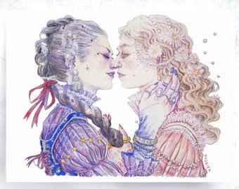 Watercolor &quot;The Two Lovers&quot; - Artprint reproduction A5 A4 A3 - Queer Pirate Art / Lgbtqia+ illustration - Feminist Drawing - Lesbian Love