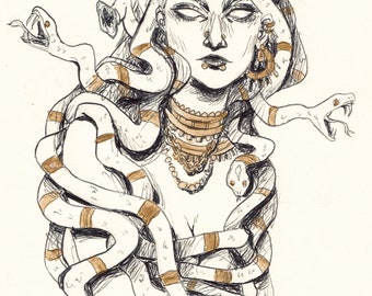 Illustration "Médusa" - Dessin à l'encre de chine avec rehaut doré - Rage féministe - Gorgone - Fierce woman