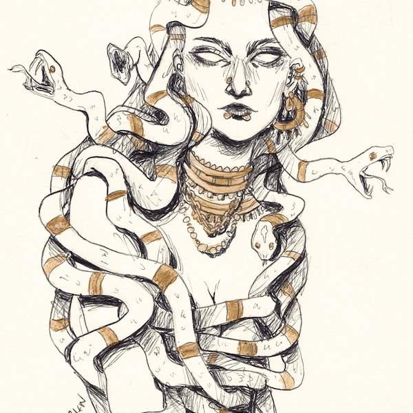 Illustration "Médusa" - Dessin à l'encre de chine avec rehaut doré - Rage féministe - Gorgone - Fierce woman