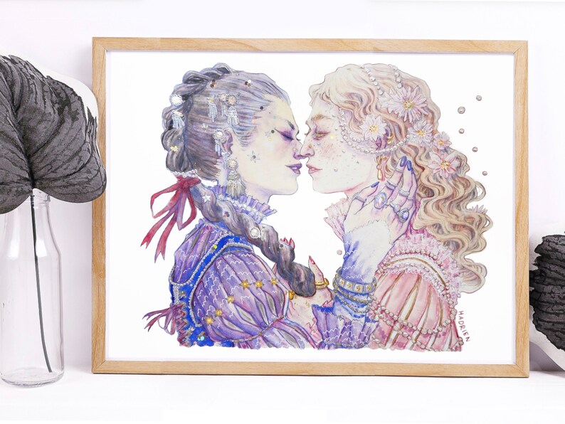 Watercolor "The Two Lovers" - Artprint reproduction A5 A4 A3 - Queer Pirate Art / LGBTQIA+ illustration - Feminist drawing - Lesbian love image 5