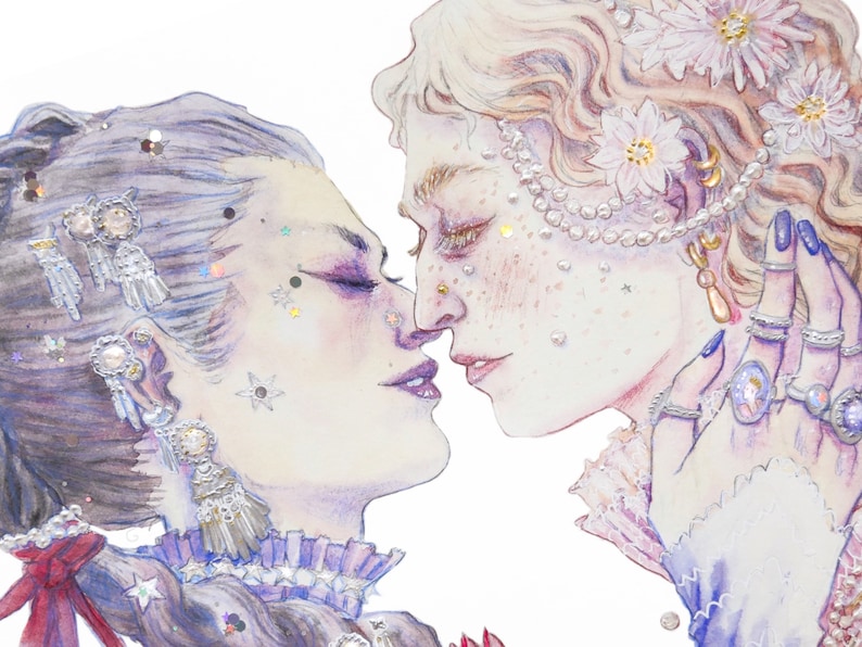 Watercolor "The Two Lovers" - Artprint reproduction A5 A4 A3 - Queer Pirate Art / LGBTQIA+ illustration - Feminist drawing - Lesbian love image 2