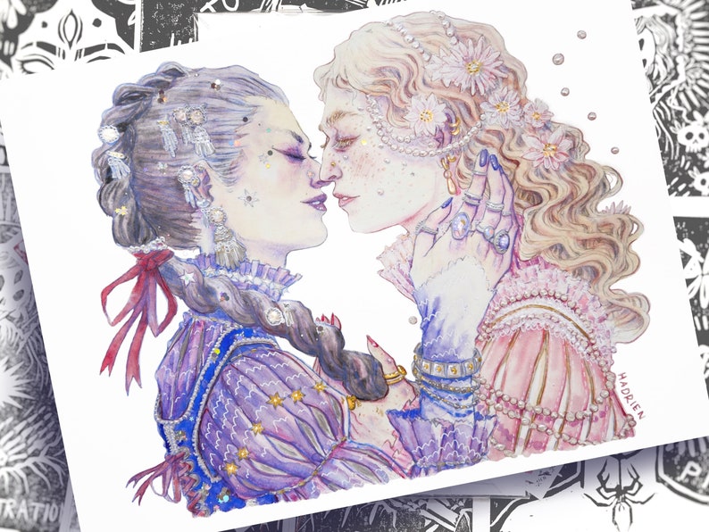 Watercolor "The Two Lovers" - Artprint reproduction A5 A4 A3 - Queer Pirate Art / LGBTQIA+ illustration - Feminist drawing - Lesbian love image 6