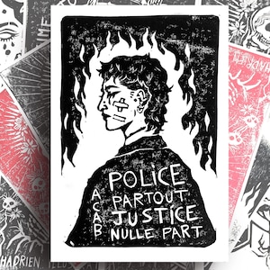 Lino-gravure contre les violencese policières "Police Partout, Justice Nulle Part" - Illustration ACAB - Dessin militant