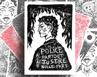 Lino-gravure contre les violencese policières "Police Partout, Justice Nulle Part" - Illustration ACAB - Dessin militant