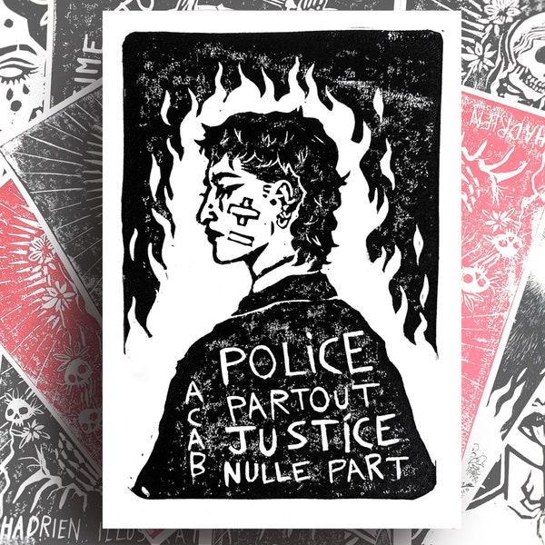 Lino-gravure contre les violencese policières "Police Partout, Justice Nulle Part" - Illustration ACAB - Dessin militant