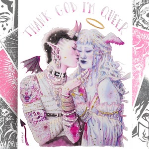 Sapphic "Thank God I'm Queer" illustratie - LGBT-trots - Biseksuele lesbische liefde - Fairy feministische aquarel met trans-engel en demon