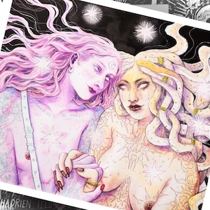 Illustratie "Medusa x Artemis" sapphic - Pride lbgt - Mythologische biseksuele lesbische liefde - Magische kern feministische aquarel