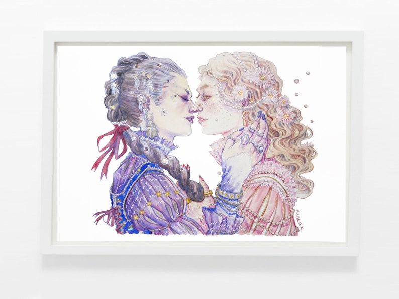 Watercolor "The Two Lovers" - Artprint reproduction A5 A4 A3 - Queer Pirate Art / LGBTQIA+ illustration - Feminist drawing - Lesbian love image 7