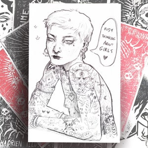 Queer illustration "Busy thinking about Girls" - Lesbian artprint - Sapphic love / Lesbian tattoo wallprint