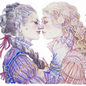 Watercolor "The Two Lovers" - Artprint reproduction A5 A4 A3 - Queer Pirate Art / LGBTQIA+ illustration - Feminist drawing - Lesbian love image 9