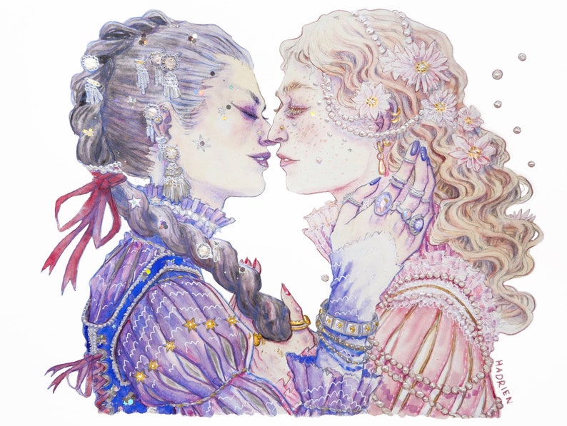 Watercolor "The Two Lovers" - Artprint reproduction A5 A4 A3 - Queer Pirate Art / LGBTQIA+ illustration - Feminist drawing - Lesbian love image 9