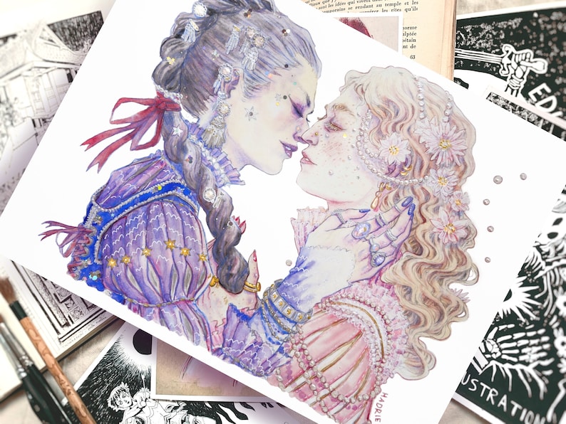 Watercolor "The Two Lovers" - Artprint reproduction A5 A4 A3 - Queer Pirate Art / LGBTQIA+ illustration - Feminist drawing - Lesbian love image 8