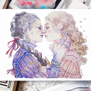 Watercolor "The Two Lovers" - Artprint reproduction A5 A4 A3 - Queer Pirate Art / LGBTQIA+ illustration - Feminist drawing - Lesbian love image 4