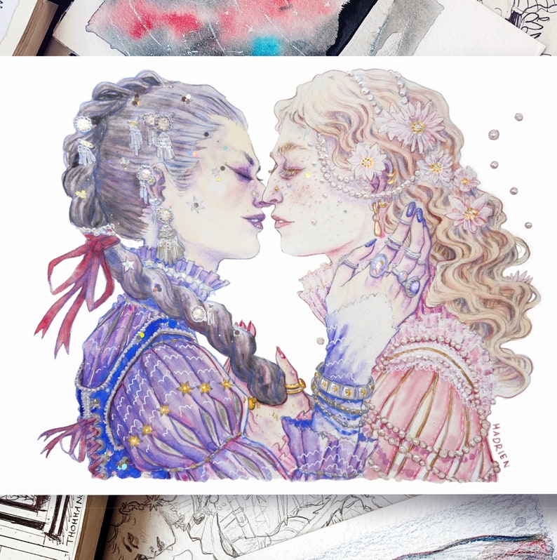 Watercolor "The Two Lovers" - Artprint reproduction A5 A4 A3 - Queer Pirate Art / LGBTQIA+ illustration - Feminist drawing - Lesbian love image 4