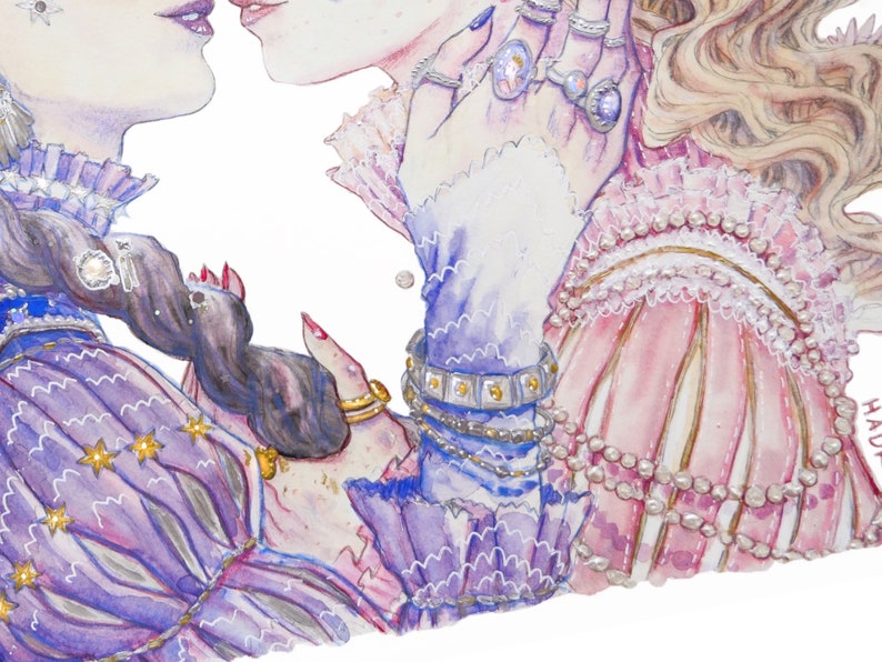 Watercolor "The Two Lovers" - Artprint reproduction A5 A4 A3 - Queer Pirate Art / LGBTQIA+ illustration - Feminist drawing - Lesbian love image 3