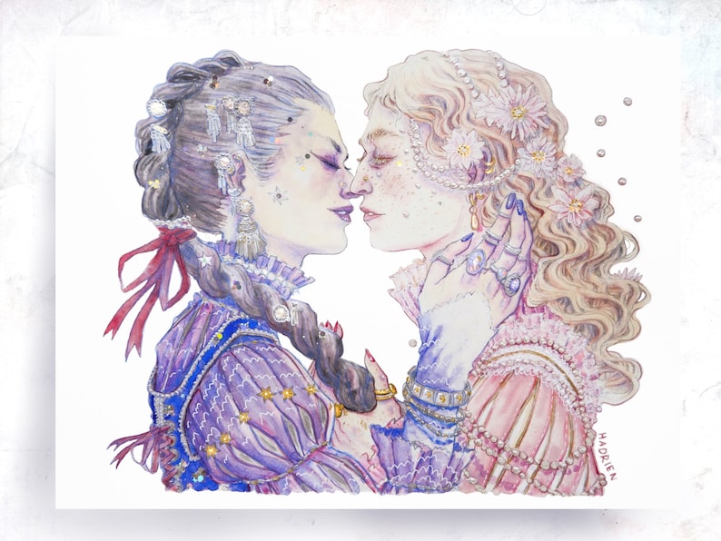Watercolor "The Two Lovers" - Artprint reproduction A5 A4 A3 - Queer Pirate Art / LGBTQIA+ illustration - Feminist drawing - Lesbian love image 1