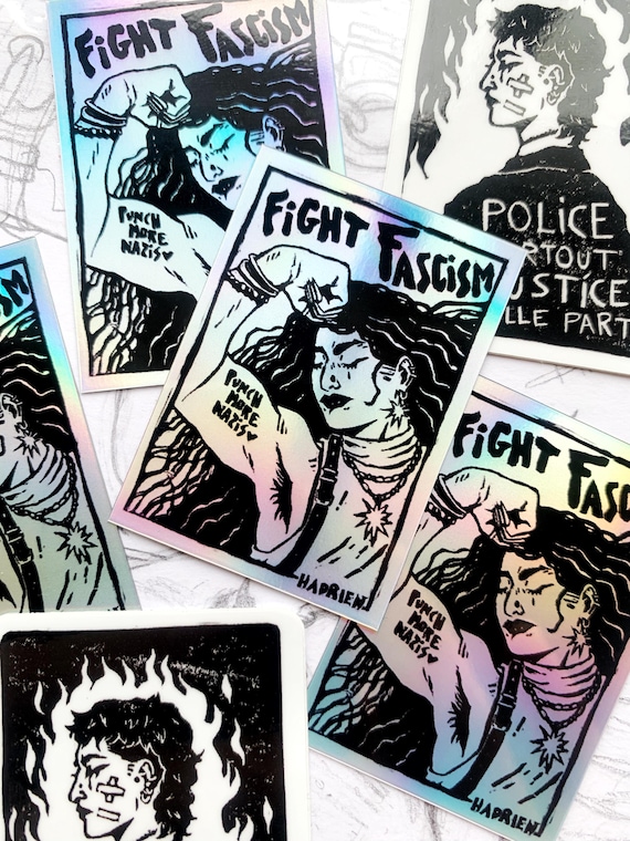 Sticker antifa " Fight Fascism " effet holographique / arc-en-ciel - auto-collant queer militant anti-fasciste rainbow