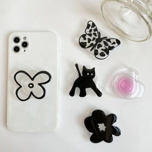 Clear Flower Heart Cat Butterfly Black Phone Grip Holder Foldable Stand Griptok for the Back of Phone