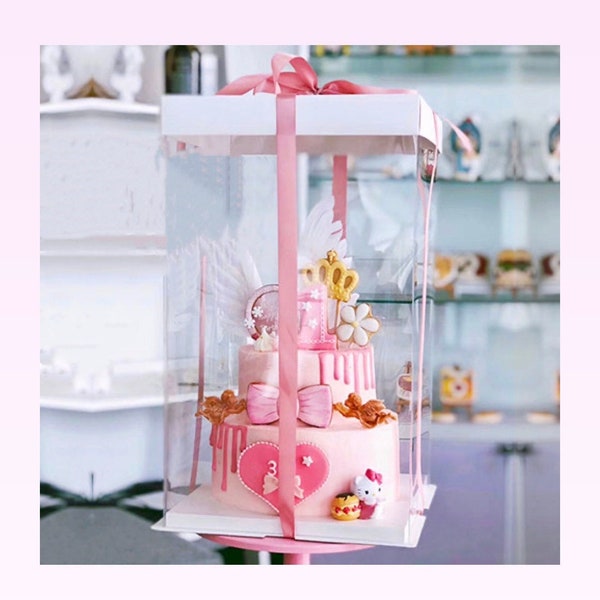 2 Sets 4 Tier Extra Tall 12.5''Lx 12.5''Wx 18.6''H Clear Cake/Gift Boxes with Ribbon(Random Color) for Birthday,Wedding,Anniversary,Holiday