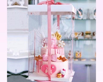 Extra Tall Clear Cake Box Set,12.5’’L x12.5’’W x18.6’’H,Transparent Gift Cake Boxes for Wedding,Birthday,Christmas,Ribbon Included,3 Colors