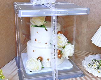 Clear Cake Box with Ribbon: Silver Gray 3-Tier Display (Set of 2)