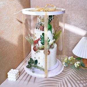 1 set Round Clear Cake Box 12’’D by 17.8’’H Cake/Gift Box with Ribbon(Random Color)for Birthday,Wedding, Party, Events Cake/Gift Packaging