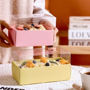 5 Sets Clear Bakery Boxes with Clear Lids,for Mini Cakes,Cheesecakes,Cookies,Swiss Rolls,Macarons,Pastry,Dessert and Any Gifts.Pink & Yellow