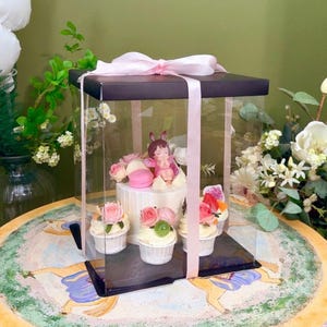 May include: A decorated cake and cupcakes are displayed inside a clear box with a black top and base, tied with a pink ribbon. The cake is white with pink and white decorations, and the cupcakes are topped with flowers and fruit.