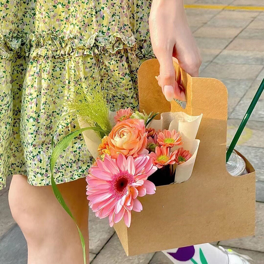 Kraft Paperboard Drink/flower Holder With Clear Gift Box (set of
