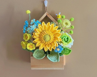 Crochet Flower Wall Art & Desk Decor, Handmade  Wooden House Shaped Wall Hanging with Crochet Flower Bouquet, Preserved Flower Gift for Her