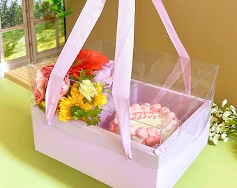 2 juegos de cajas para tartas con flores y 2 cajas pequeñas transparentes para tartas, caja de regalo con asas y tapa transparente, para el Día de la Madre, cumpleaños, bodas y Navidad.