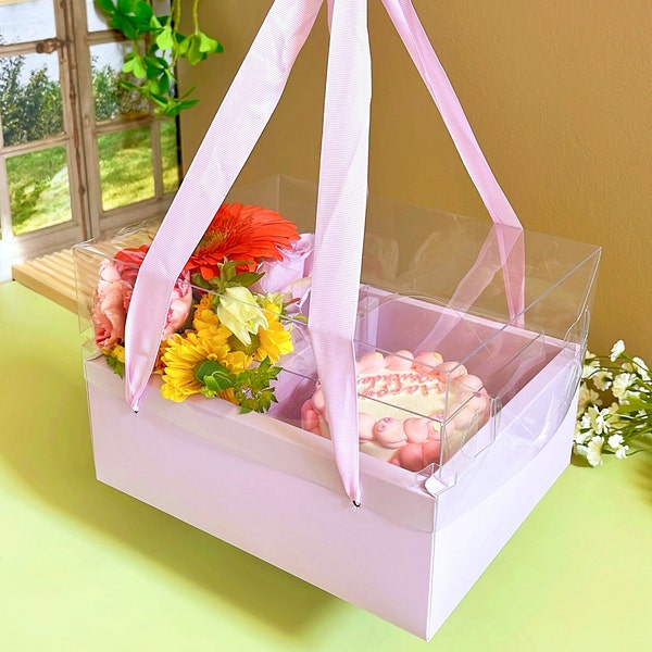 2 Sets Cake Flower Boxes with 2 Pcs Small Clear Cake Boxes,Gift Box with Handles and Clear Lid,for Mother’s Day,Birthday,Wedding,Christmas