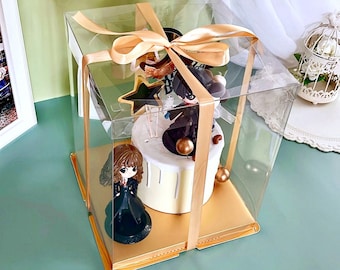 2 Sets Tall Clear Cake Boxes with Clear Lids,10.4"L x10.4"W x12.5"H,Transparent Box for Wedding,Birthday,Christmas,Ribbon Included,3 Colors