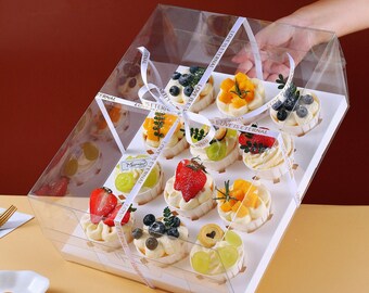 10 Sets Clear 12-Hole Cupcake Boxes with White Insert & Ribbon