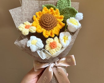 Handmade Crochet Flower Bouquet with Clear Box, Knitted Floral Arrangement, Forever Blooms Home Decor, Gift for Mom, Birthday, Wedding