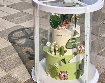 2 juegos de cajas redondas y transparentes para tartas, de 30 cm de profundidad x 35 cm de alto, ideales para bodas, cumpleaños y Navidad. Incluye cinta, en blanco, negro y dorado.